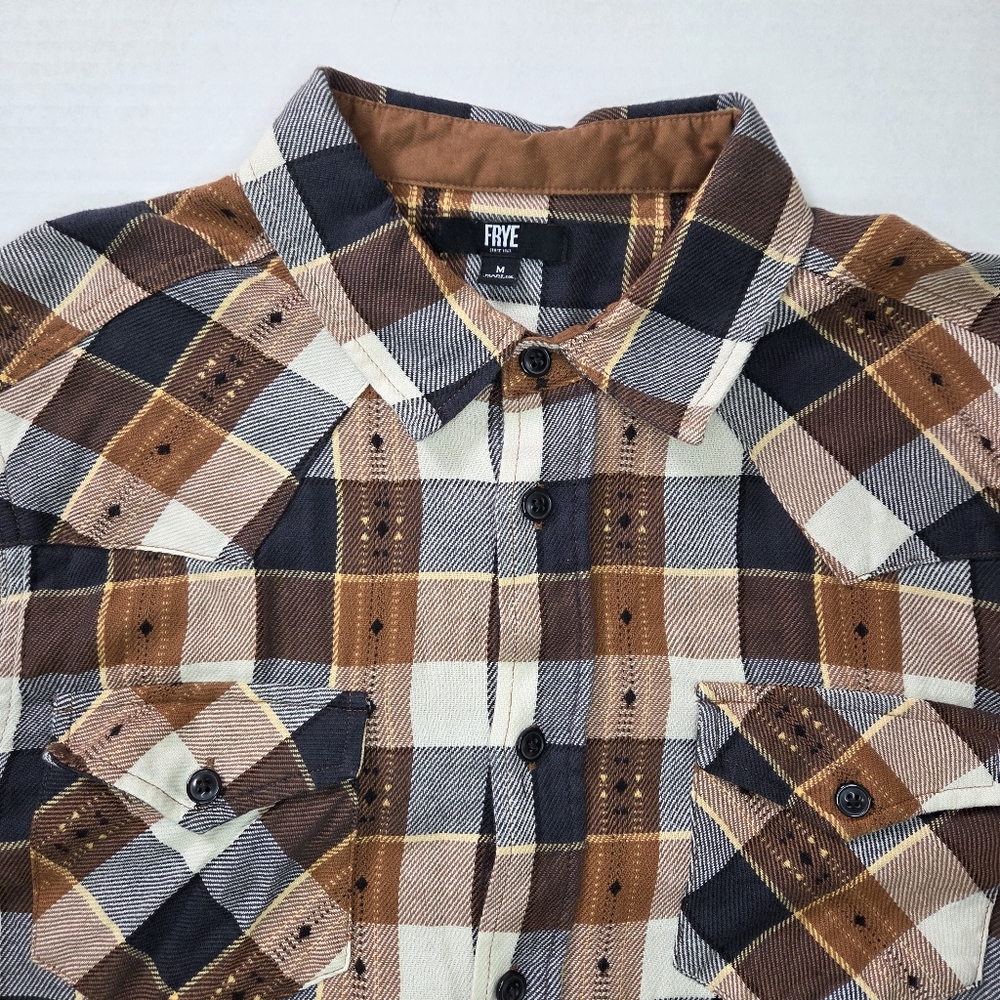 Frye Mens Jacquard Flannel Button Down Shirt Size M Brown Plaid Western